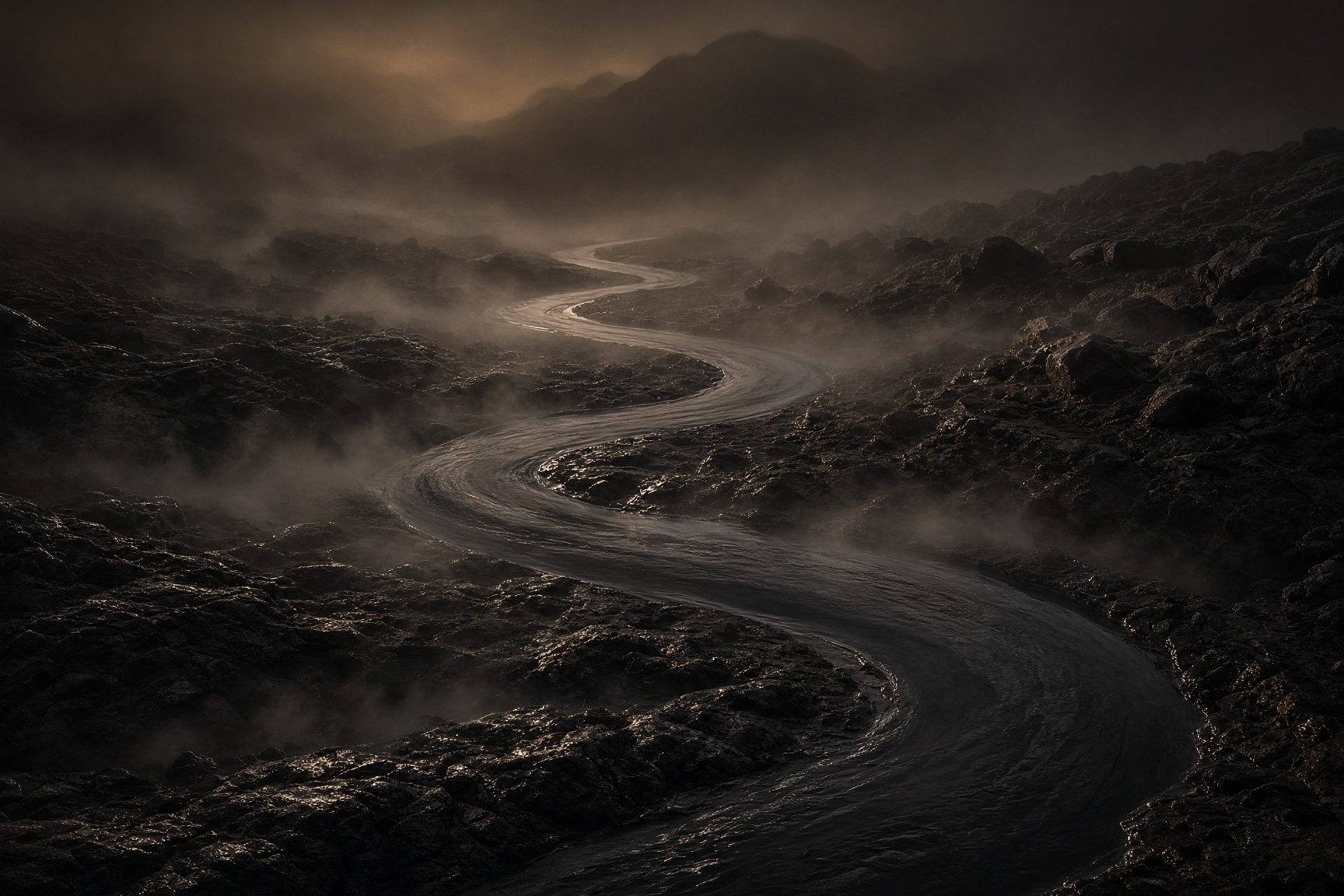 A dark river bending through wet stone, like a serpent of water